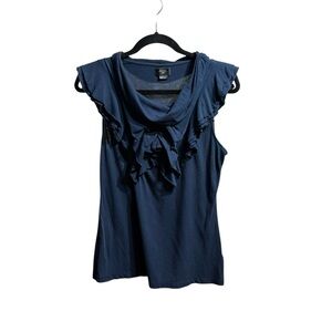 Anthropologie Deletta‎ Womens Ruffle Front Navy Blue Sleeveless Blouse Sz S